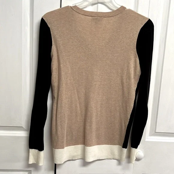 Loft TanBlack Cream Trim Long Sleeve V Neck Cotton Knit Top Size M - Picture 5 of 7